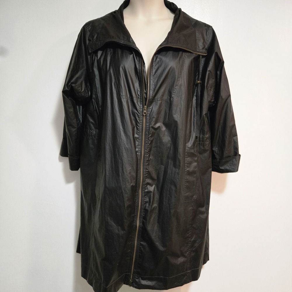 Eileen Fisher Size L Black Waxed Organic Cotton Twill Rain Coat Minimalist Zip